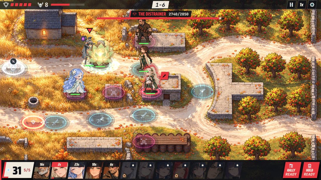 A battle on map 1-6 with the unit tray, Rally and Hold buttons