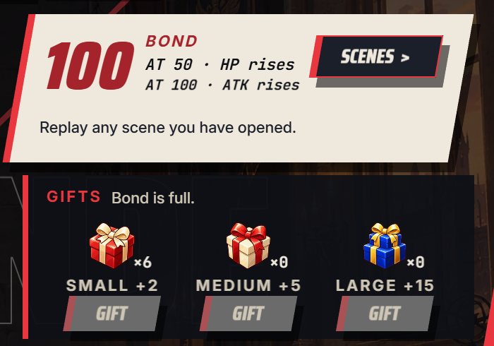 The bond tab showing the bond level, the scenes button and the gift buttons