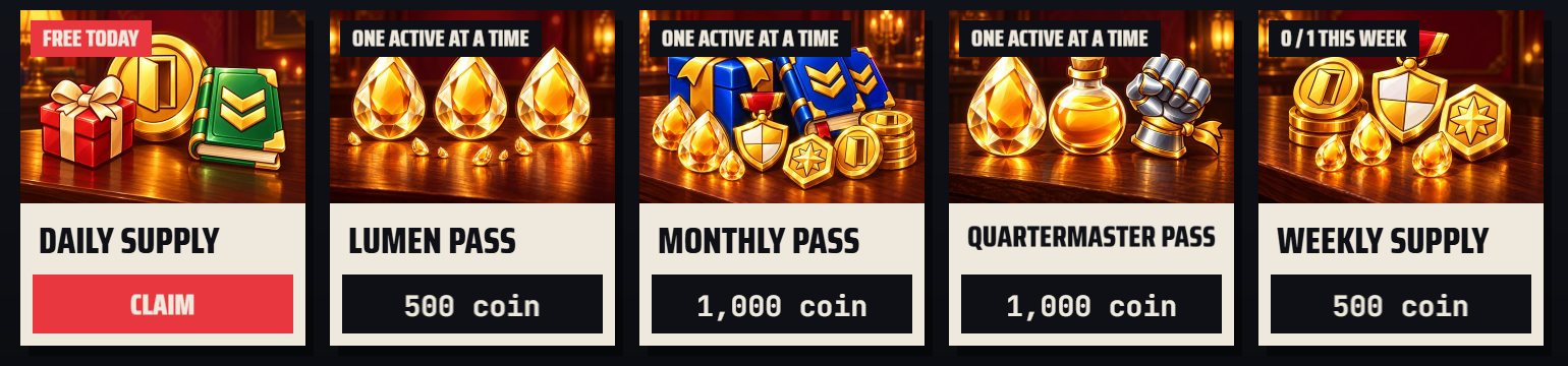 The shop featured tab showing passes and supplies