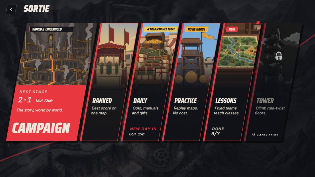 The sortie screen with the mode cards