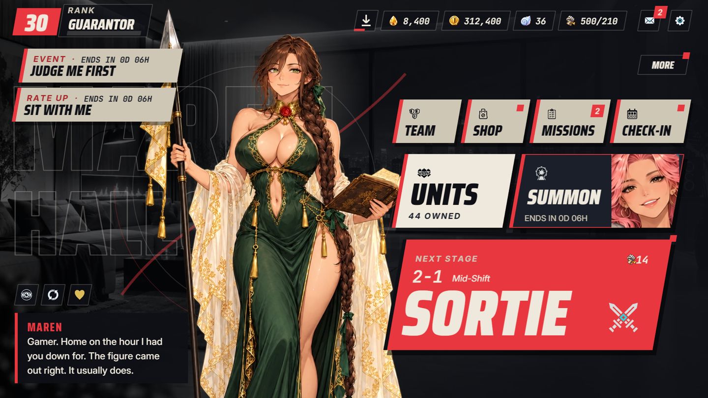The hub: pick a heroine, a mode or the shop