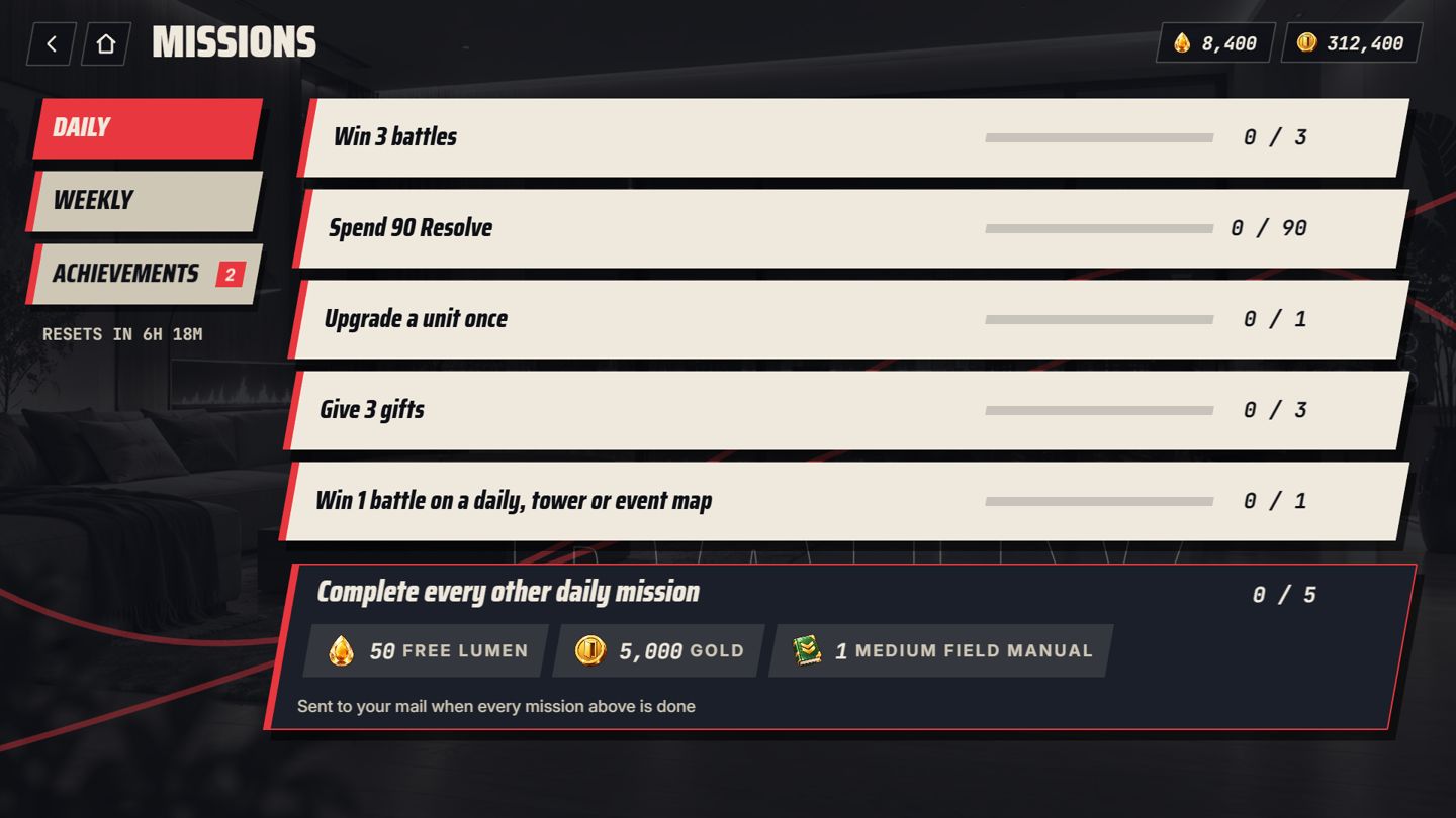 The daily missions list