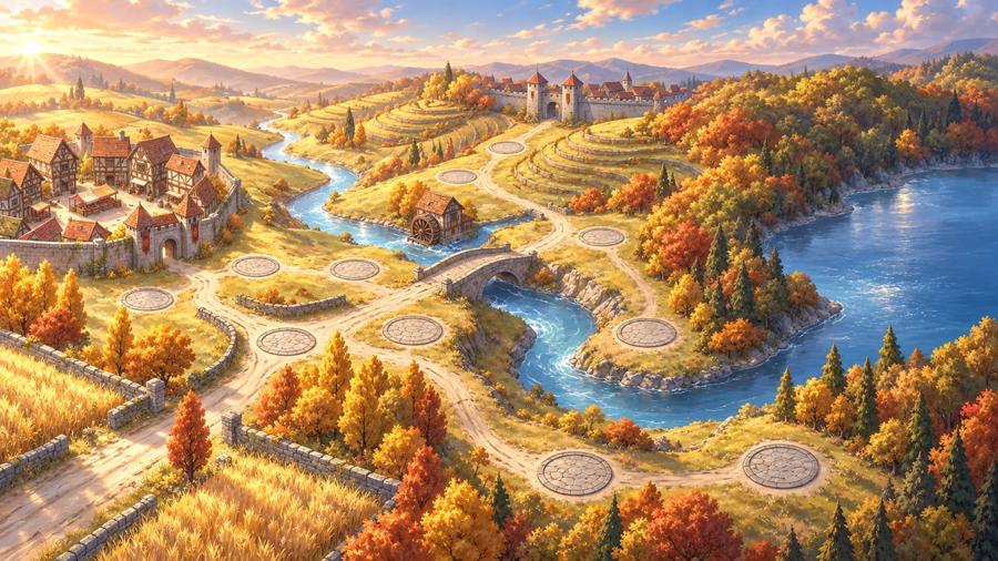 World 1: a river town with its road