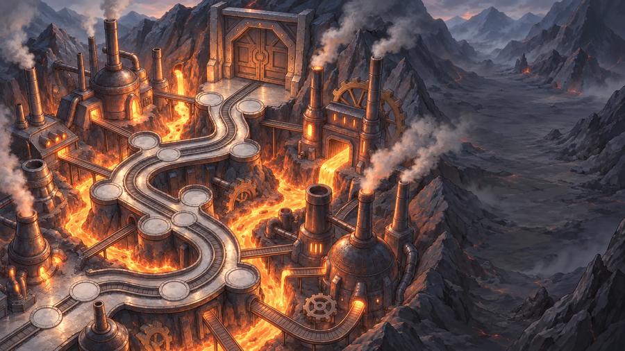 World 2: a foundry with its road through the furnaces