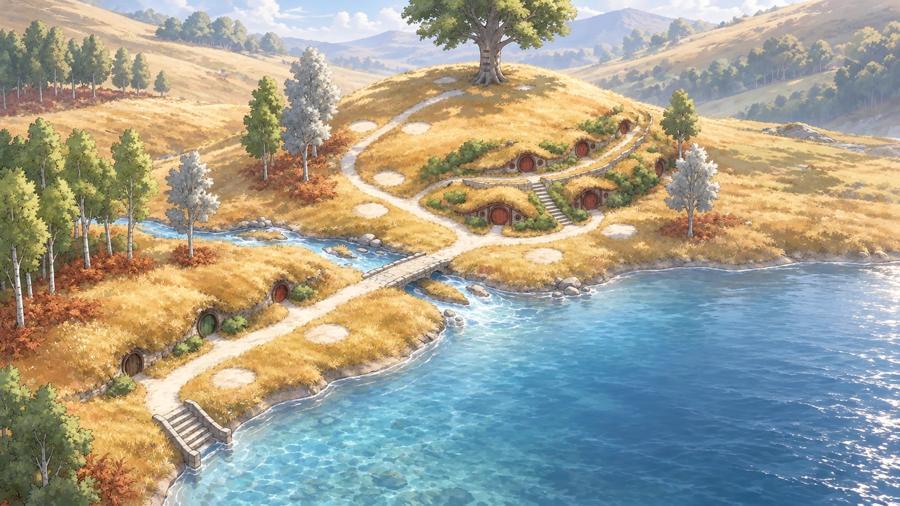 World 4: grassy hills, a river and a lone tree